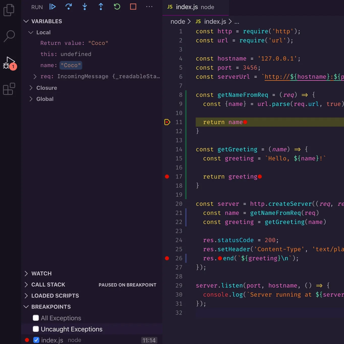 Using continue to jump to the next breakpoint