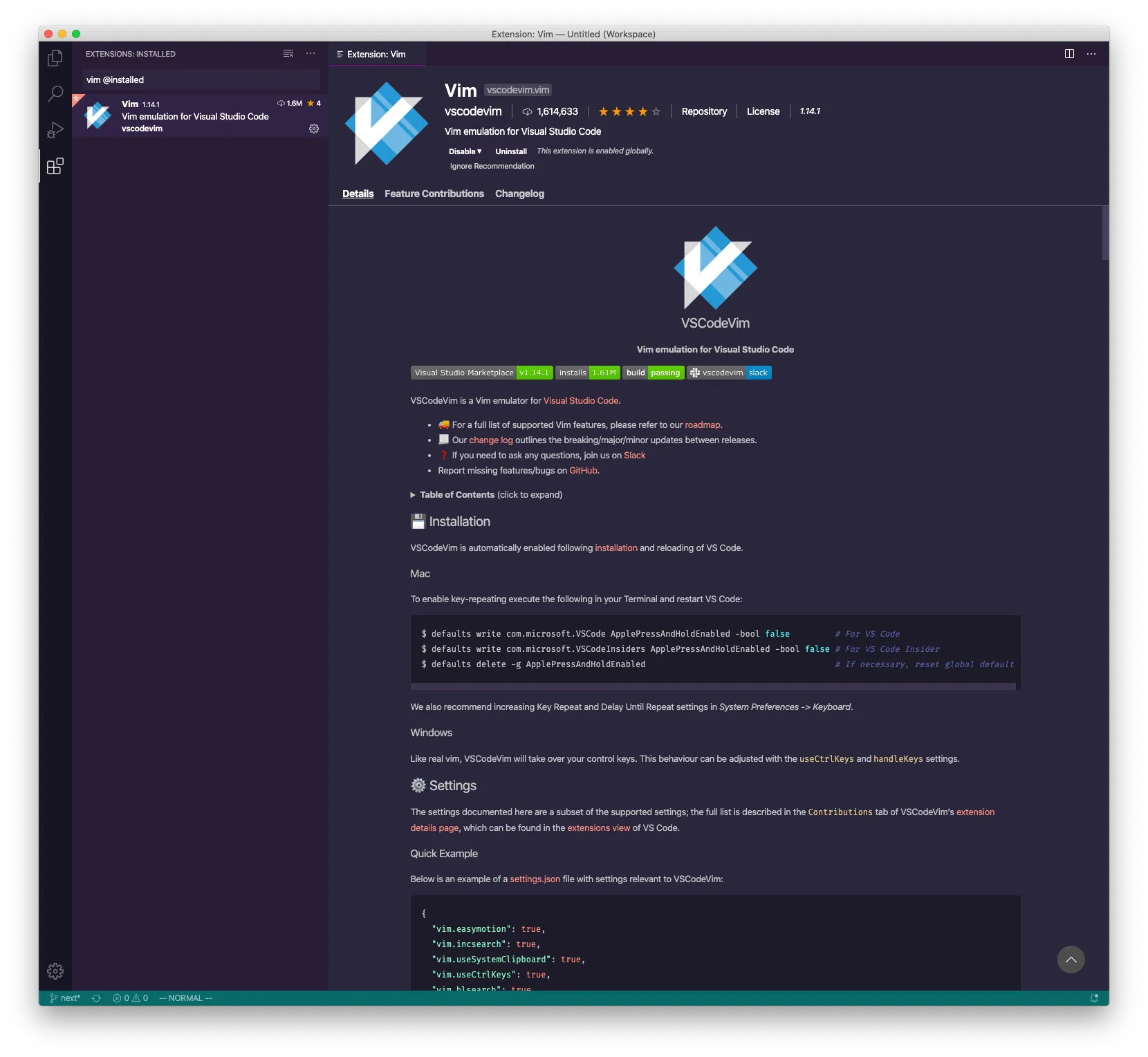 VSCodeVim extension for VS Code